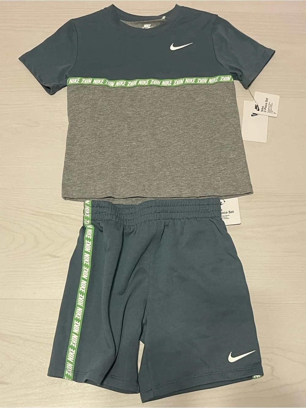 Nike Blue & Gray Tee and Shorts Set with Green Accent